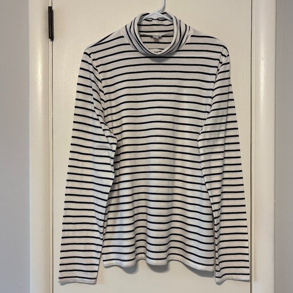 J. Crew #BB750 Women's Navy/White Stripe Printed Tissue Turtleneck Shirt Top XL - Picture 1 of 9